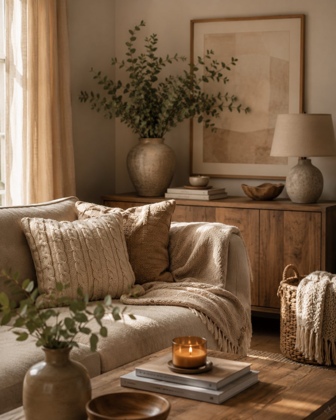 Textured blankets and cushions by DECOHUG by YUVAGE in a warm living room