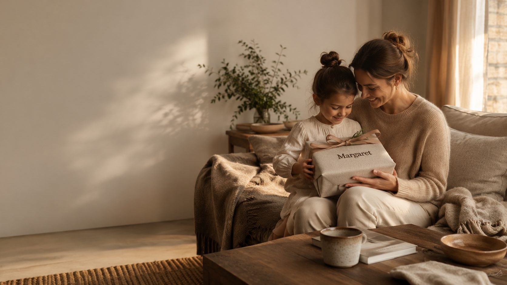 A mother and daughter opening a personalized gift wrapped with the name Margaret, in a warm living room